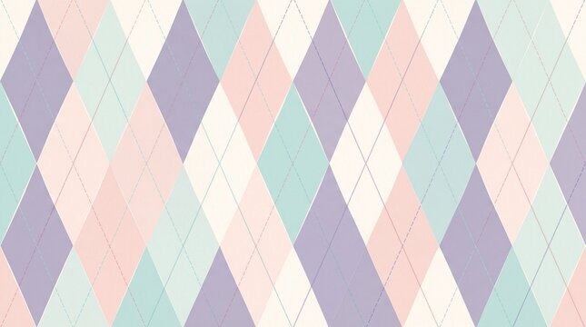 Argyle pattern background features pastel geometric diamond shapes in purple, mint green, and pink.