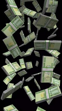 Vertical Myanmar Money, Falling Myanmar Kyat Bills Black Background, Premium Asia Yangon Finance Cash Stacks, 4K
