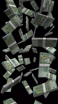 Vertical Oman Money, Falling Omani Rial Bills Black Background, Premium Middle East Muscat Finance Cash Stacks, 4K