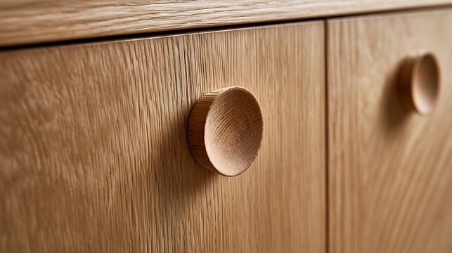 Close up of wooden cabinet doors with round minimalist knobs.