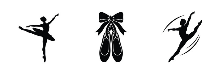 Set of three black silhouettes featuring a ballerina in a dance pose, ballet slippers with a bow, and a leaping dancer, isolated on a white background © jarif69