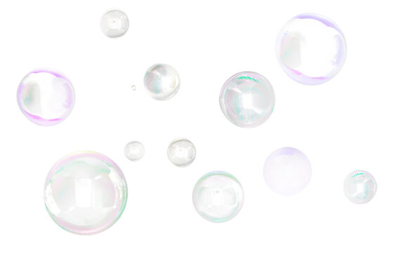 Colorful floating soap bubbles on transparent background with glossy reflections and iridescent hues, ideal for overlay