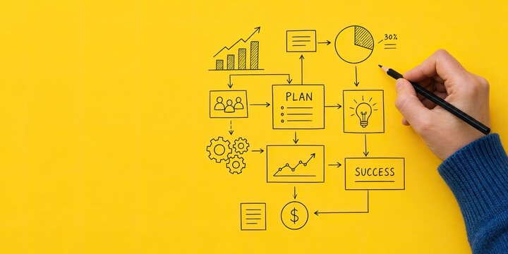 Person sketching business planning mind map on yellow background showing success strategy with icons of gears teamwork financial charts and light bulb.