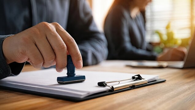 Close up of hand stamping paperwork on office desk clipboard showing official approval process with blurry colleague working on laptop in background.