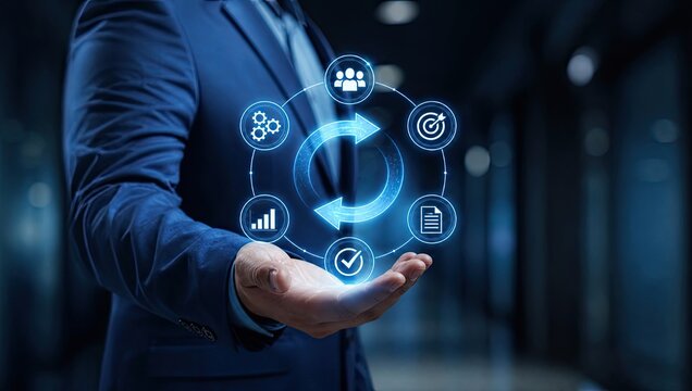 Businessman holding holographic circular process loop icon showing continuous workflow integration with business management concepts for operations optimization.