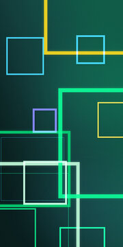A sleek arrangement of glowing outlined squares and rectangles creates a modern neon composition on a deep teal background, ideal for technology, branding, and website design.
