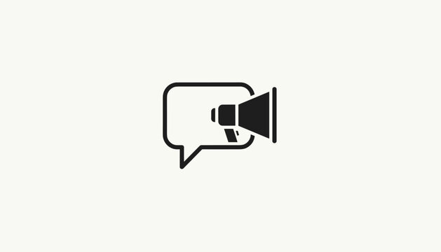 Marketing announcement icon showing a black megaphone megaphone inside a chat bubble frame on cream background.