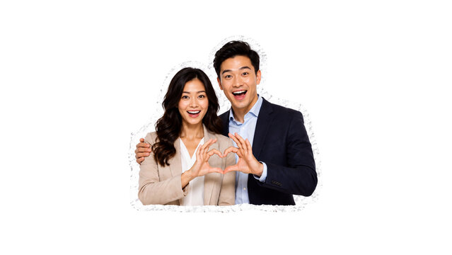 Happy Asian Couple Making Heart Gesture Together, Love and Relationship Concept in Torn Paper Cut-Out Collage Style, Romantic Partnership and Emotional Connection