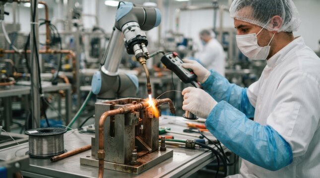 Cleanroom technician guiding robotic brazing torch on copper tubing beside stainless fixture with orange solder glow and blue safety sleeves in factory