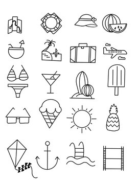 Summer vacation and beach travel minimal line icon set isolated on white background. 