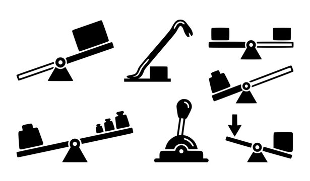 Mechanical leverage black pictogram collection with force fulcrum and lever editable vector