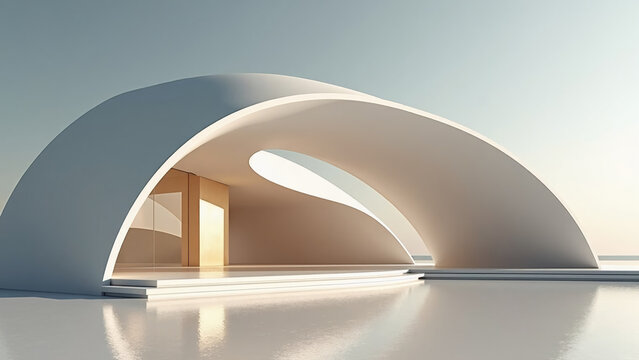 Futuristic white curved pavilion features minimalist architecture with glowing portal and reflective flooring.
