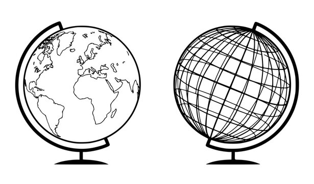 World Map Globe and Wireframe Earth Vector Illustration Set