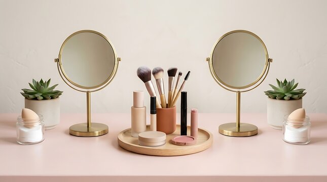 Two round cosmetic mirrors with makeup brushes and plants on a wooden table for beauty routine. beginner makeup guide