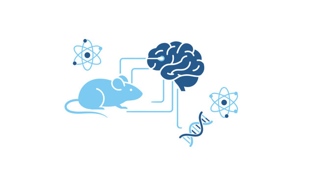 Scientific illustration of a laboratory mouse linked to a brain alongside DNA and atom symbols representing neuroscience.
