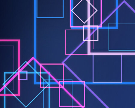 Glowing overlapping squares, rectangles, and diagonal lines create a vibrant futuristic composition on a deep navy backdrop, ideal for technology branding, websites, and creative presentations.