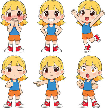 Set of cute blonde girl character in different emotional poses and expressions