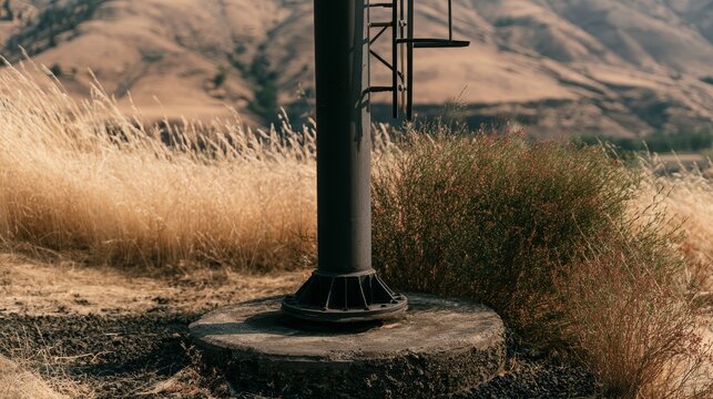Metal tower leg secured to concrete foundation amid dry vegetation and rolling terrain, highlighting structural support, engineering, construction, infrastructure, stability, outdoor utility systems