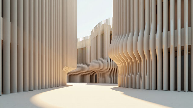 Futuristic parametric street view with curved vertical columns and warm natural lighting.