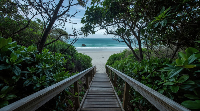 Wooden staircase beach tropical foliage ocean