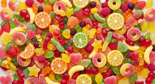 Colorful assortment of mixed fruit gummy candies, jelly sweets, and sugar-coated rings background.