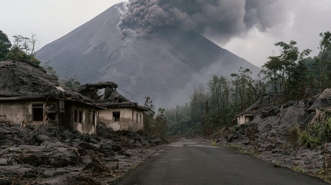 Erupting volcano with smoke and ash rising over an abandoned village, where houses and roads are buried under volcanic debris and vegetation struggles to survive in a devastated landscape