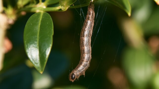 Box tree moth caterpillar hanging on a silk thread in close-up, highlighting an invasive pest species that damages boxwood plants and threatens garden health, plant protection, and pest control