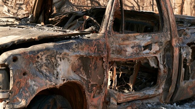 Charred and rusted car body destroyed by wildfire outdoors, showing severe fire damage, burned metal, disaster aftermath, vehicle destruction, environmental impact, and emergency recovery