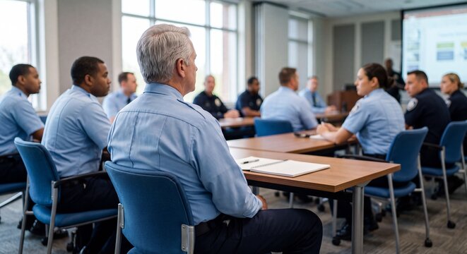Police officers sitting around a conference table participating in a staff meeting and training briefing in a modern room.