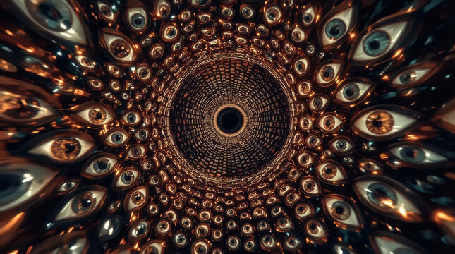 Surreal eye spiral tunnel creates hypnotic dark abstract pattern