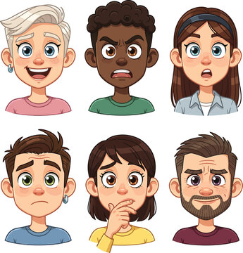 Set of diverse human cartoon character portraits with various emotions