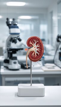 Anatomical cross section model of a human kidney on a stand in a modern scientific laboratory with medical equipment and microscope in the background.