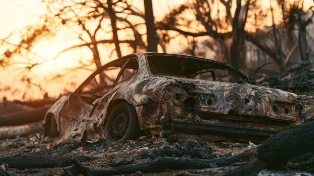 Charred and rusted car body destroyed by wildfire outdoors, showing severe fire damage, burned metal, disaster aftermath, vehicle destruction, environmental impact, and emergency recovery