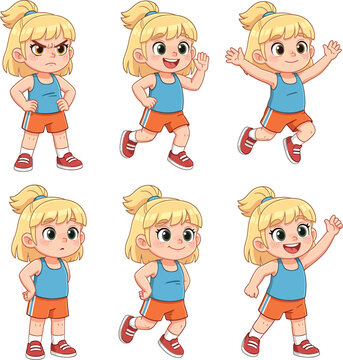 Set of six cute cartoon girl characters expressing different emotions