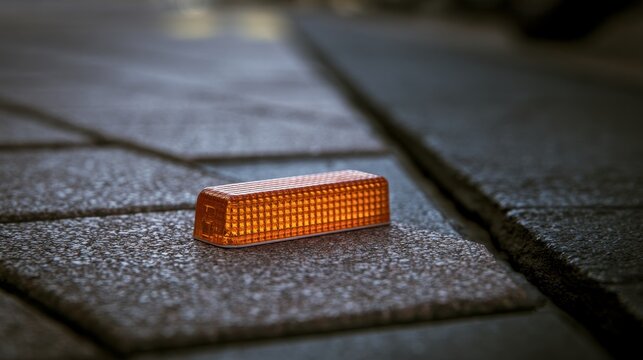 Detached amber bicycle reflector resting on textured paving beside deep joint, highlighting cycling safety, road maintenance, reflective equipment, urban infrastructure, outdoor transportation details