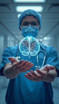 Surgeon holding glowing digital hologram of human brain for neurology research and medical diagnostics in hospital corridor.