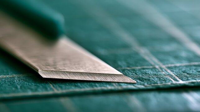 Sharp utility blade positioned over a green measuring mat in a studio setup, highlighting precision cutting, measurement, craftsmanship, tool use, industrial work, and workshop equipment