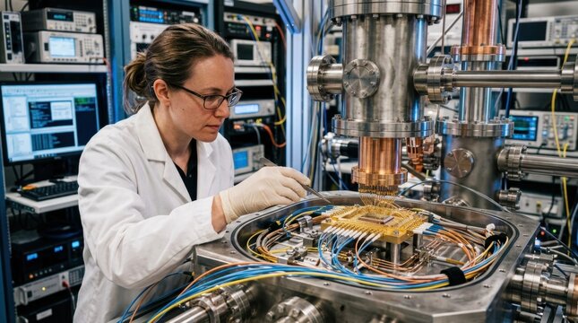 Quantum physicist checking cryogenic dilution refrigerator beside fiber optic cables, gold wire bonds, and superconducting chip mount in a quantum computing lab.