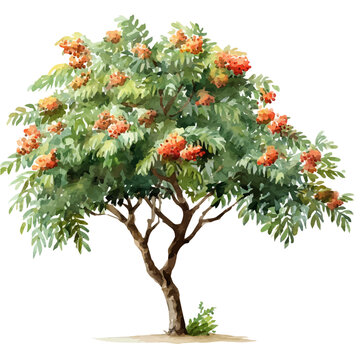 watercolor of Rowan Tree, vector, isolated on a white background.