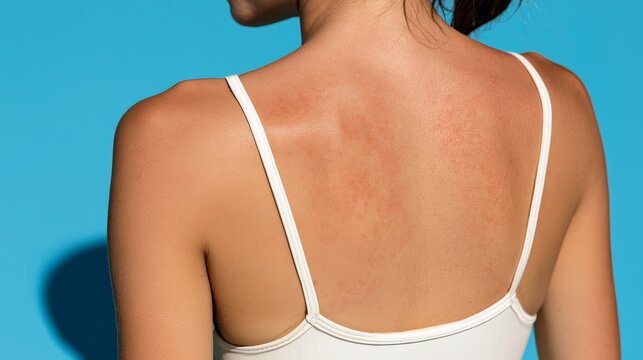 Woman with sun irritated back skin showing redness and swimsuit marks after summer exposure, highlighting heat discomfort, sunburn care, sensitive skin, and outdoor summer health