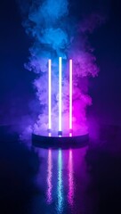 Obraz premium Glowing neon light tubes surrounded by vibrant blue and magenta smoke, creating a futuristic atmospheric composition.