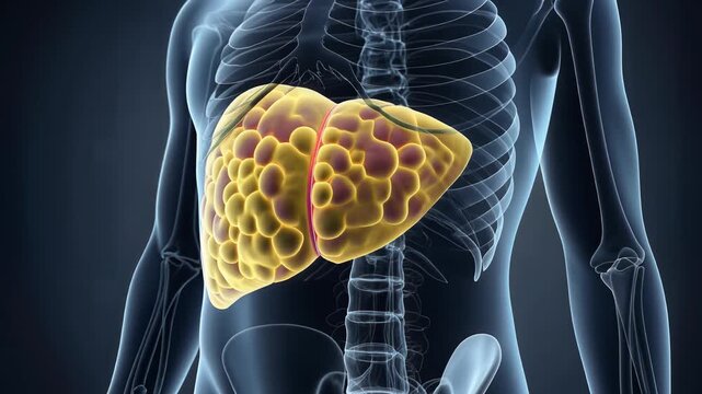 Anatomical 3D animation showing a pulsating human liver with distinct lobules, set against a dark, abstract background, symbolizing internal organs and medical health.