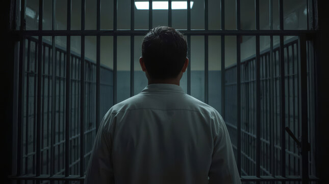 Solitary prisoner viewed from behind inside dim barred cell corridor