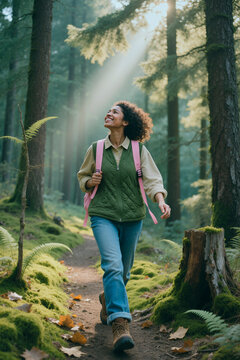 Vertical shot of young adult woman hiking through forest trail, carrying backpack and looking upward, representing eco travel and outdoor wellness. Ideal for tourism or sustainability campaigns