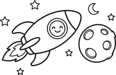 Fototapeta premium Black and white line of a smiling ghost with stars and moon smile