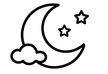 Black outline crescent moon with stars and cloud transparent background © YOKO