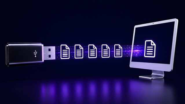 USB Flash Drive Transferring Digital Document Files to Desktop Computer Monitor Concept