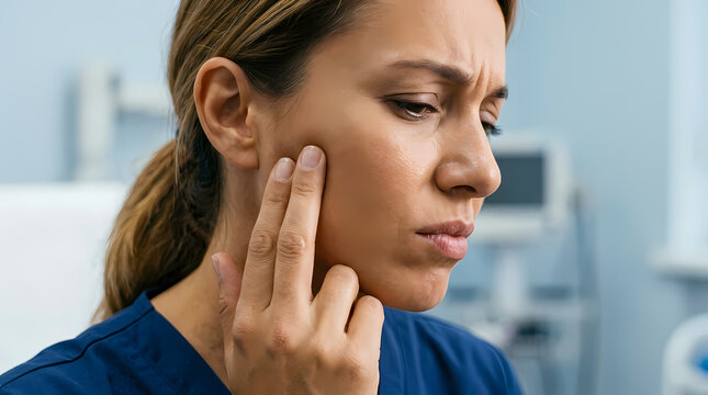 A mature female medical professional experiences severe dental discomfort while wearing her work uniform during a shift inside a busy healthcare facility showing signs of physical health