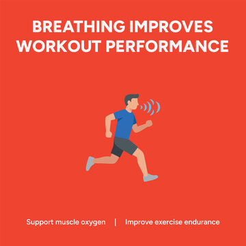 Breathing improves workout performance vector illustration, male athlete running for exercise endurance, muscle oxygen support concept with runner on red background, fitness poster