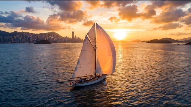 Golden hour glow envelops a peaceful sailboat, navigating serene waters as the sun sets brilliantly over a sprawling metropolis